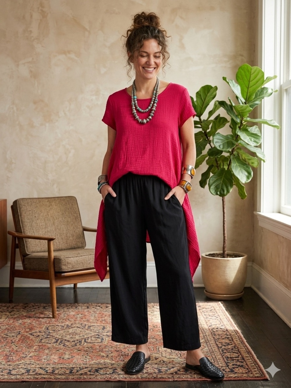 bryn Walker Black Wide-Leg Elastic Waist Pants and Scoop neck tunic Size medium